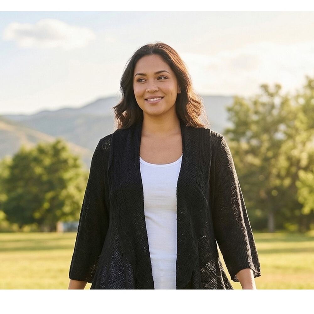 Lane Bryant Cardigan Sweater Womens 22 Black Linen Blend Open Knit Sheer Beachy